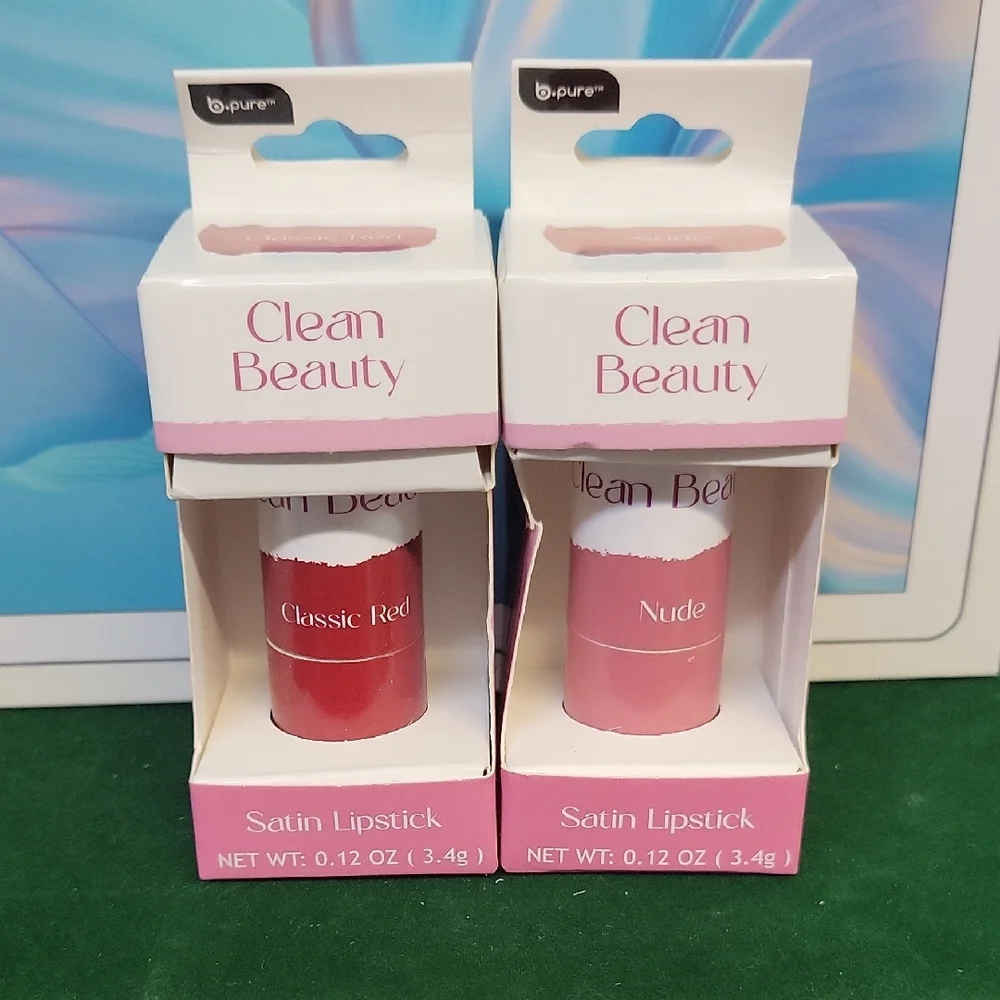 B-pure Satin Lipstick Set of 2 - Classic Red and Nude New Sealed Box